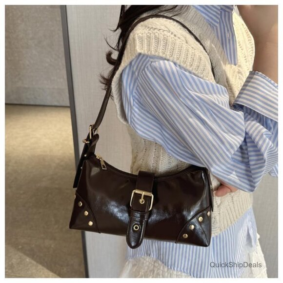 PU Leather Shoulder Bag with Adjustable Strap Studded Vintage Purse - Picture 5 of 6